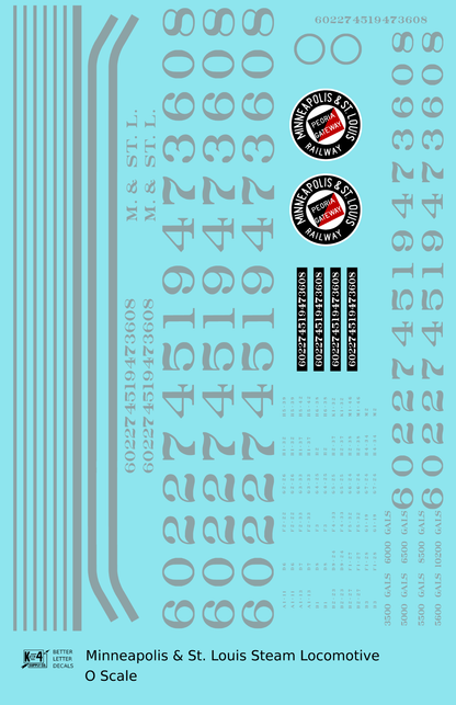 Minneapolis and St Louis Steam Locomotive Aluminum Later Aluminum, Herald Schemes - Decal Sheet