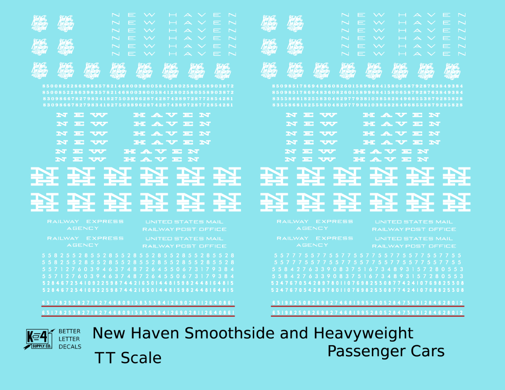 New York, New Haven, and Hartford Heavyweight/Smoothside Passenger Cars White  - Decal - Choose Scale