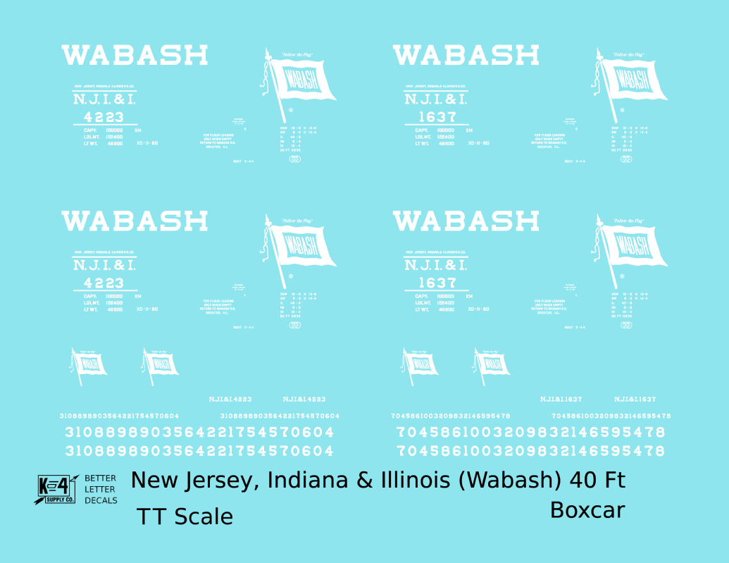 New Jersey, Indiana, & Illinois (Wabash) 40 Ft Boxcar White