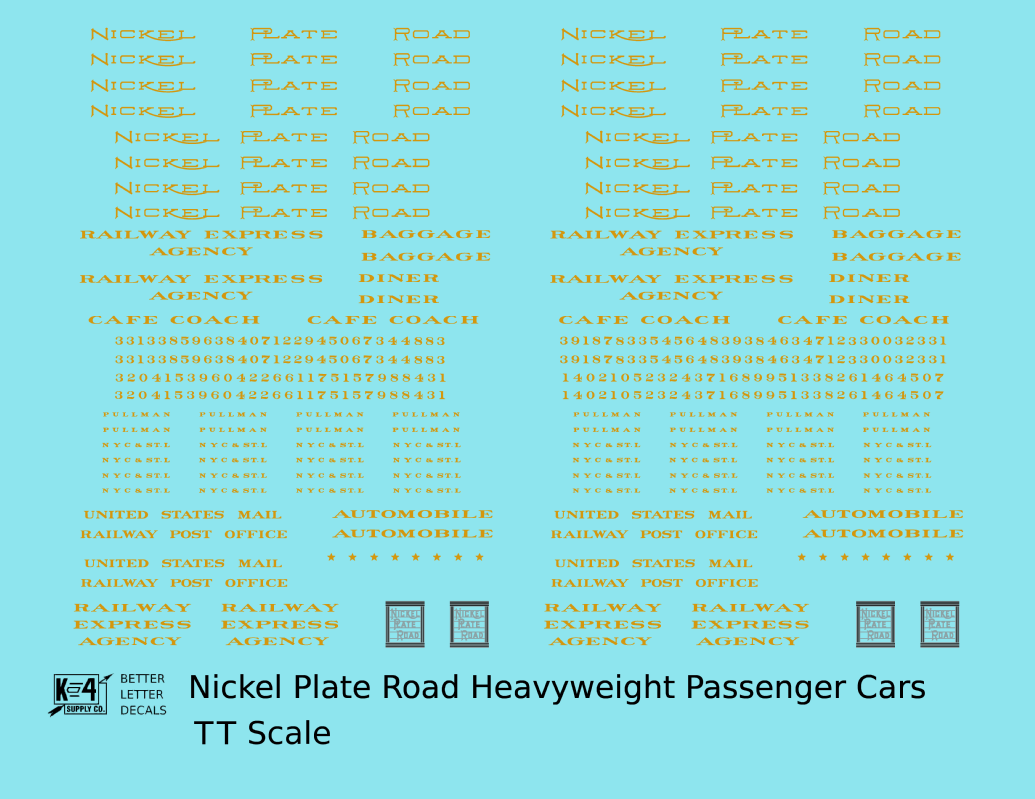 Nickel Plate Road Heavyweight Passenger Cars Dulux Gold  - Decal - Choose Scale