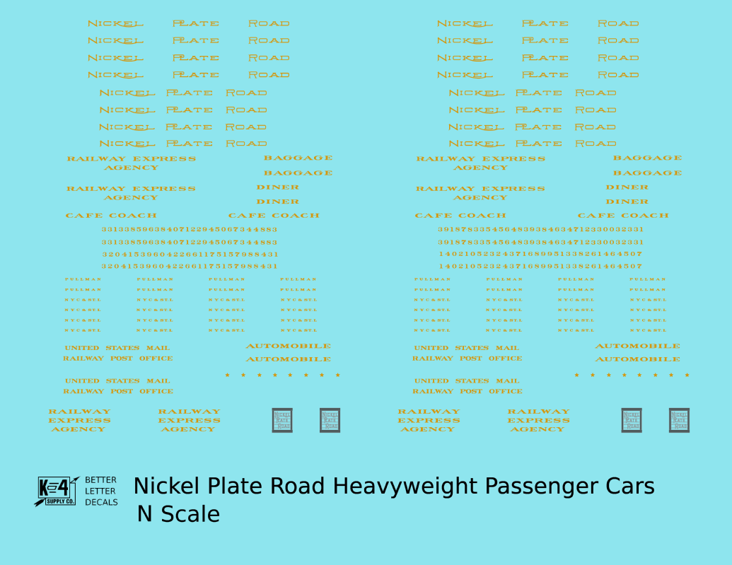Nickel Plate Road Heavyweight Passenger Cars Dulux Gold  - Decal - Choose Scale