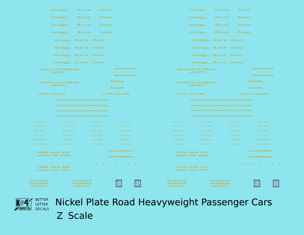 Nickel Plate Road Heavyweight Passenger Cars Dulux Gold  - Decal - Choose Scale
