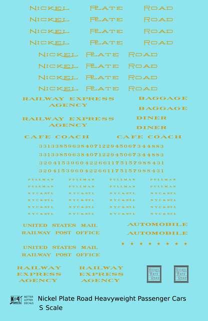 Nickel Plate Road Heavyweight Passenger Cars Dulux Gold  - Decal - Choose Scale