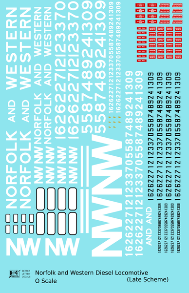 Norfolk and Western Diesel Locomotive White Late Scheme - Decal Sheet