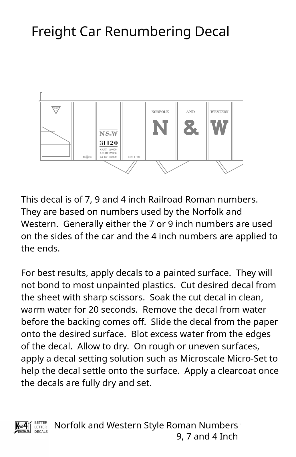 N&W Style Railroad Roman Freight Car Numbers  White 9, 7 and 4 Inch Renumber