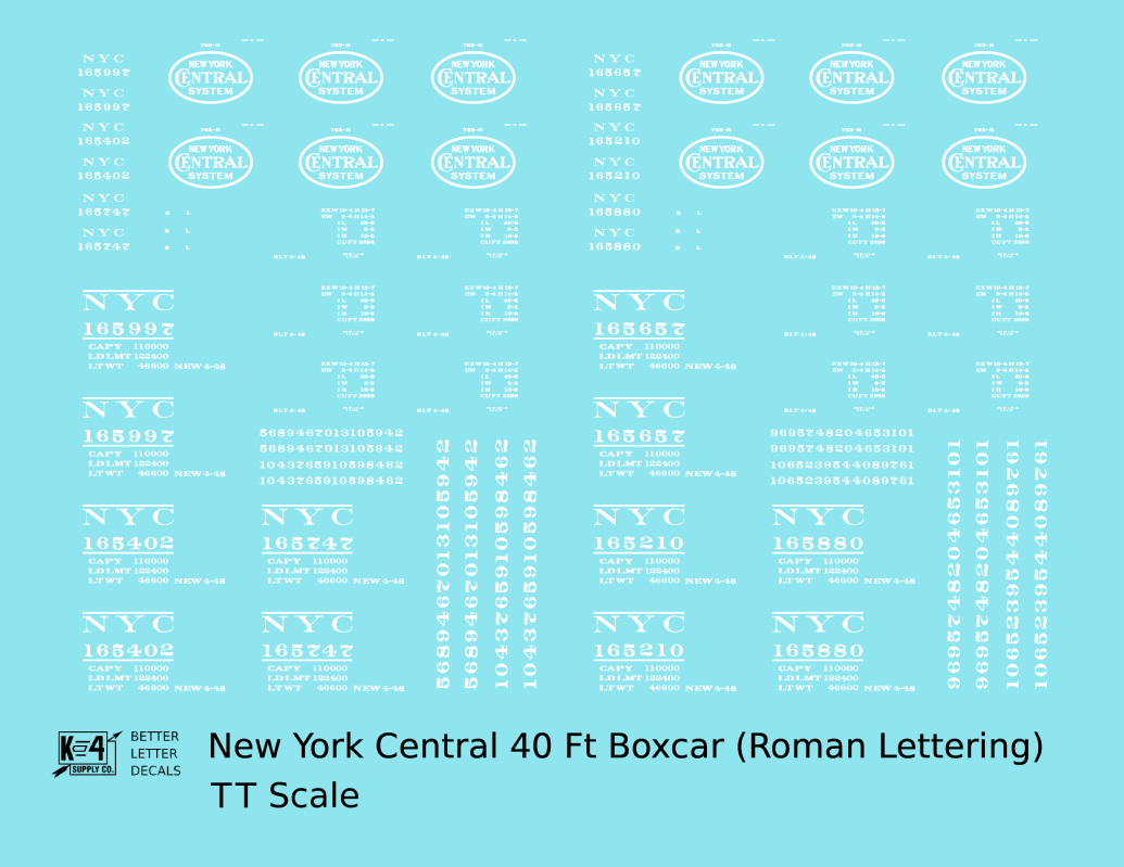 New York Central 40 Ft Boxcar White Roman Lettering