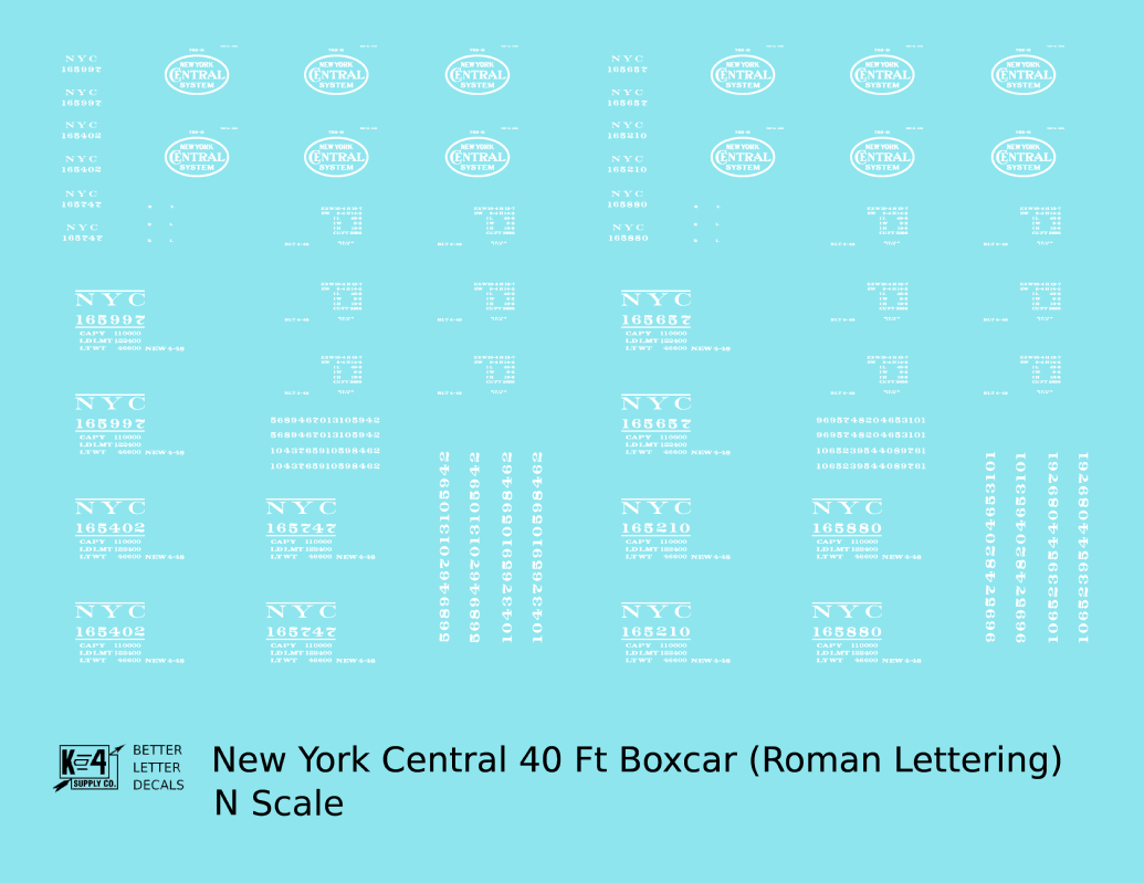 New York Central 40 Ft Boxcar White Roman Lettering