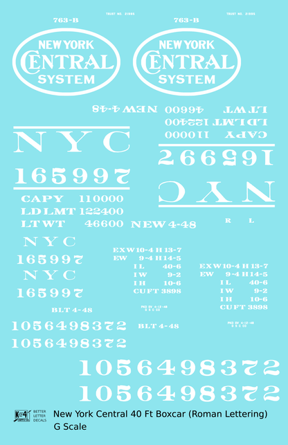 New York Central 40 Ft Boxcar White Roman Lettering