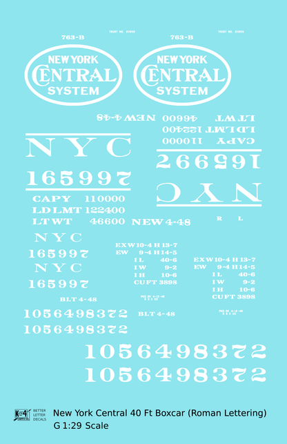 New York Central 40 Ft Boxcar White Roman Lettering
