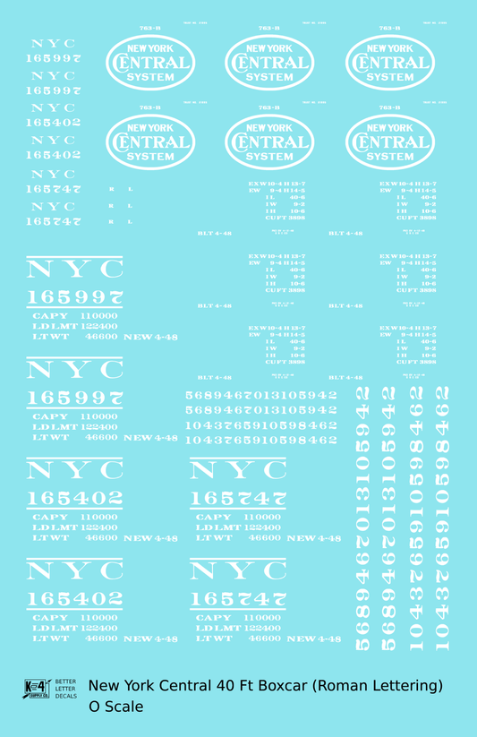 New York Central 40 Ft Boxcar White Roman Lettering