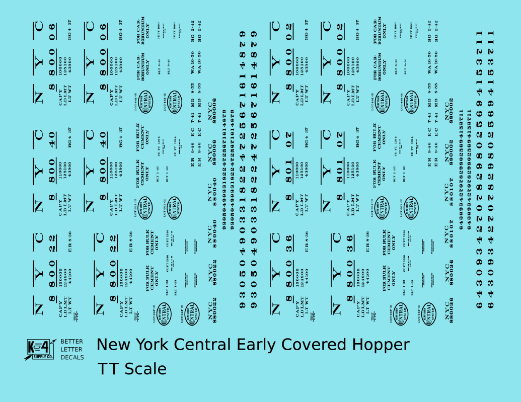 New York Central Covered Hopper Black NYC-Built - Decal - Choose Scale