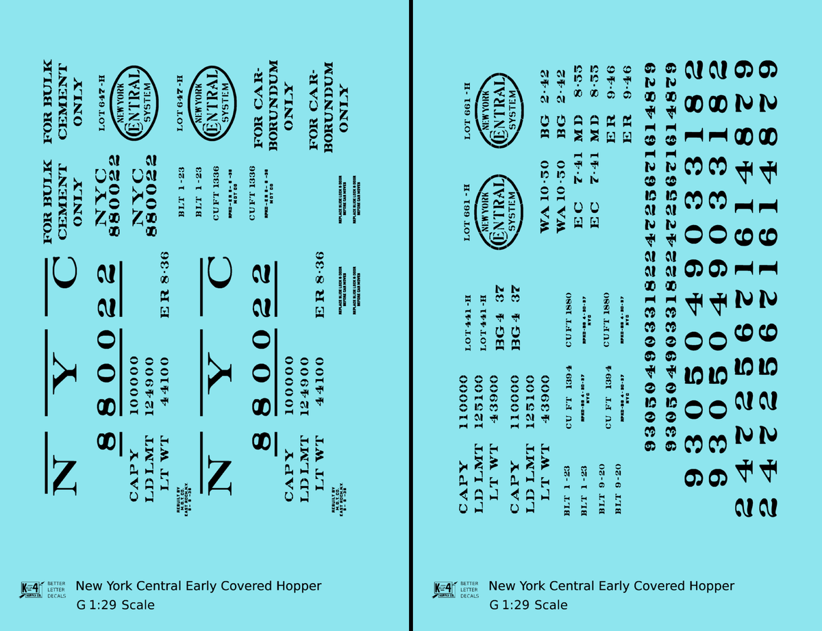 New York Central Covered Hopper Black NYC-Built - Decal - Choose Scale