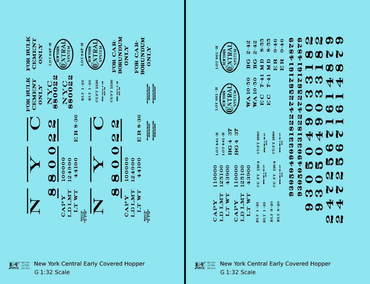 New York Central Covered Hopper Black NYC-Built - Decal - Choose Scale