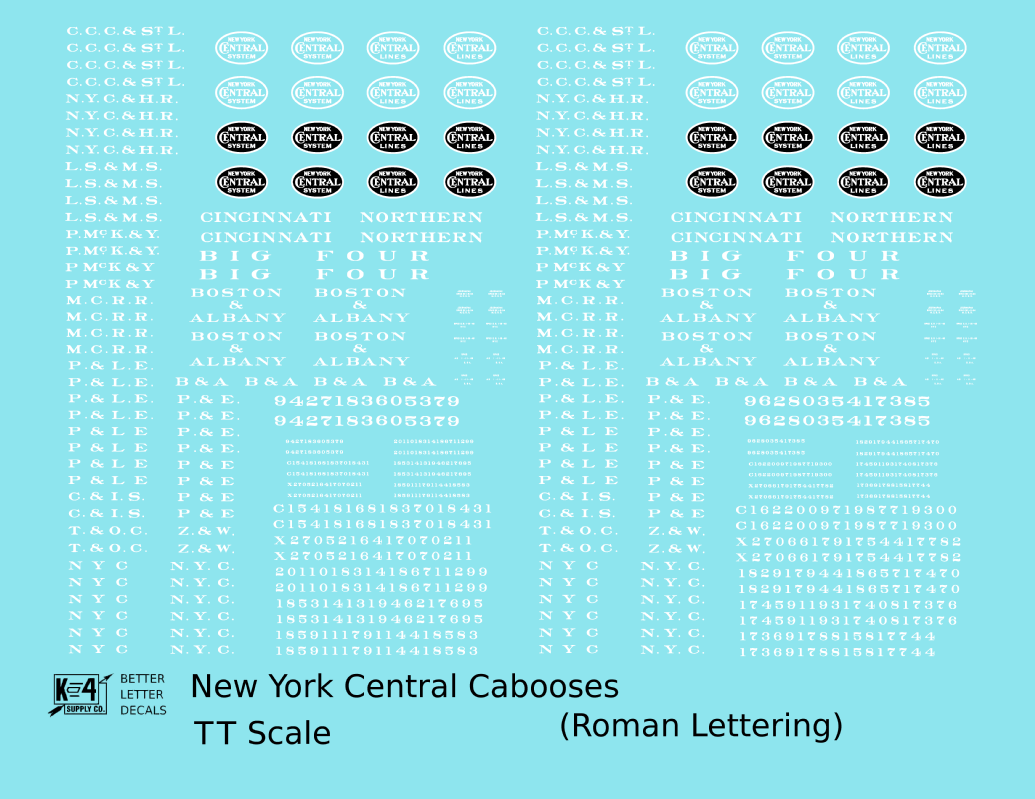 New York Central Cabooses White Roman Lettering