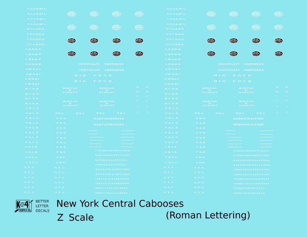 New York Central Cabooses White Roman Lettering