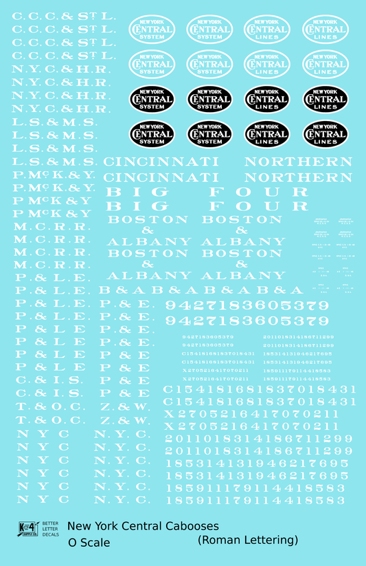 New York Central Cabooses White Roman Lettering