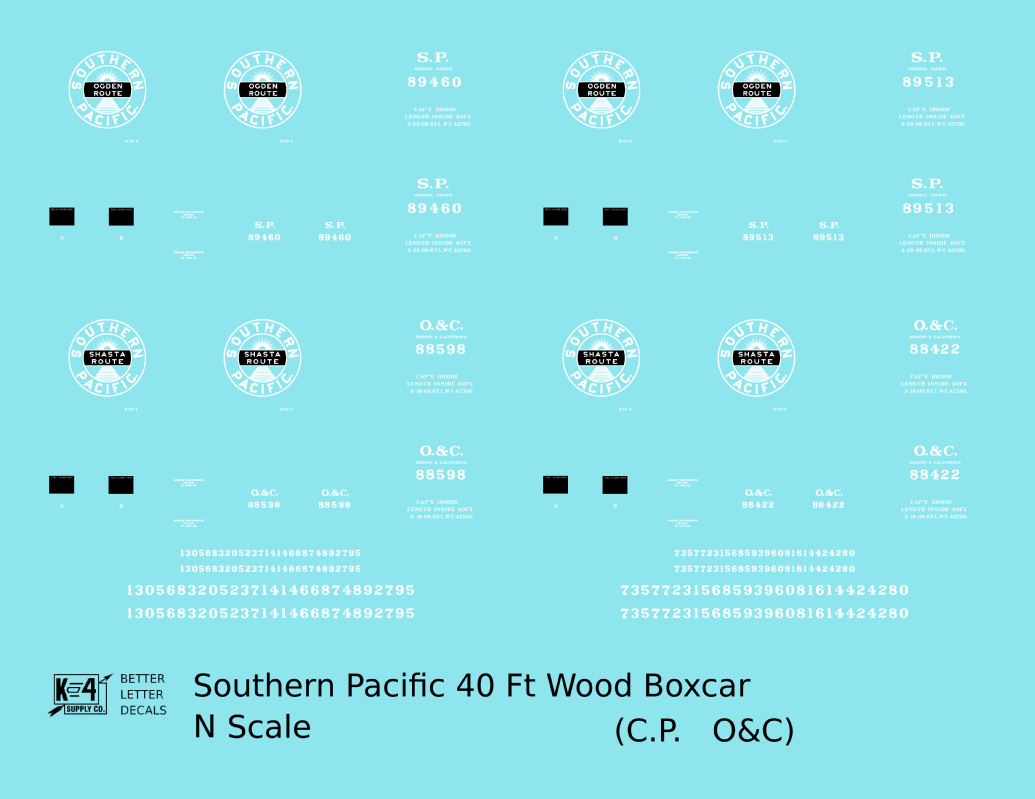 Oregon and California 40 Ft Wood Boxcar White Southern Pacific Shasta Route - Decal - Choose Scale