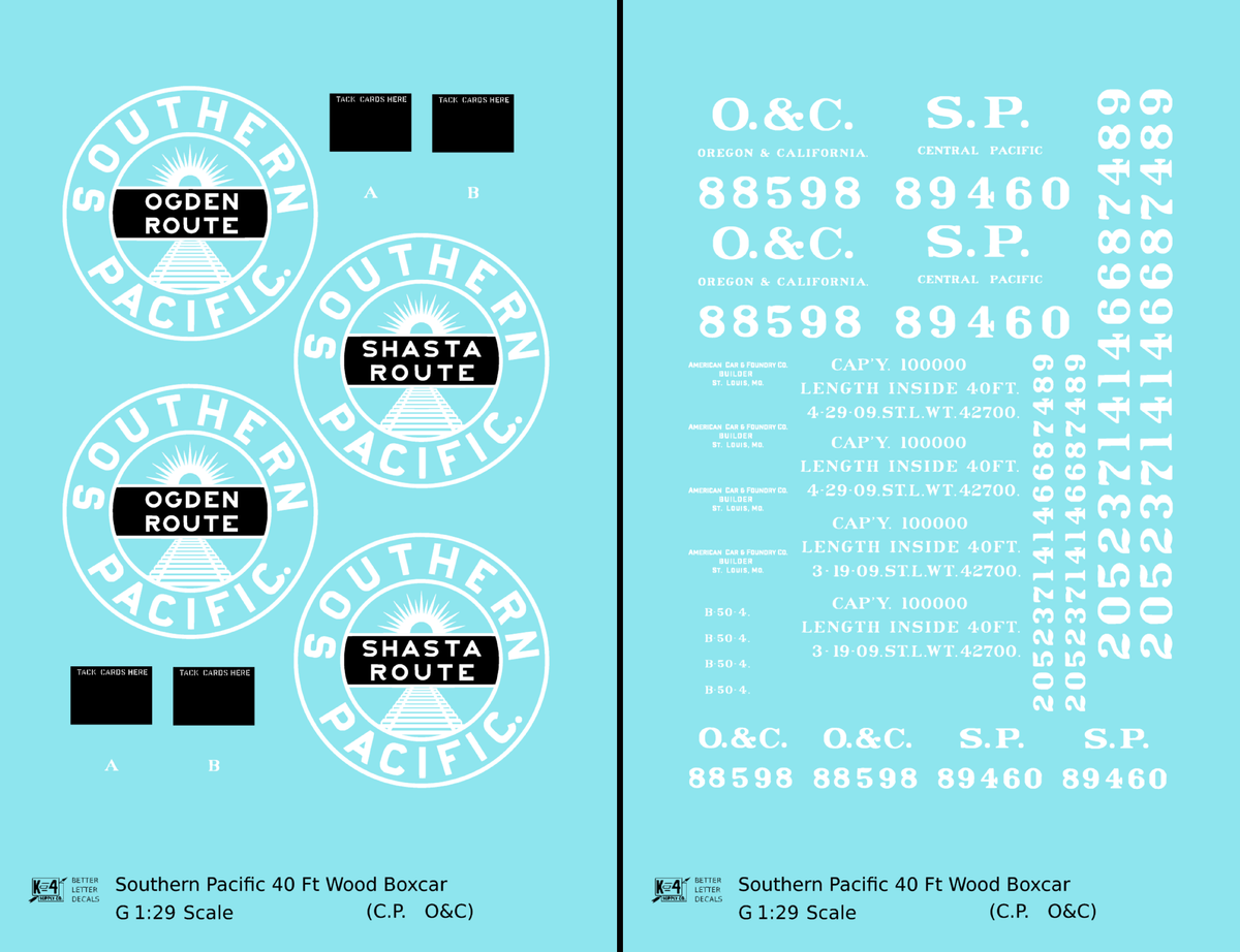 Oregon and California 40 Ft Wood Boxcar White Southern Pacific Shasta Route - Decal - Choose Scale