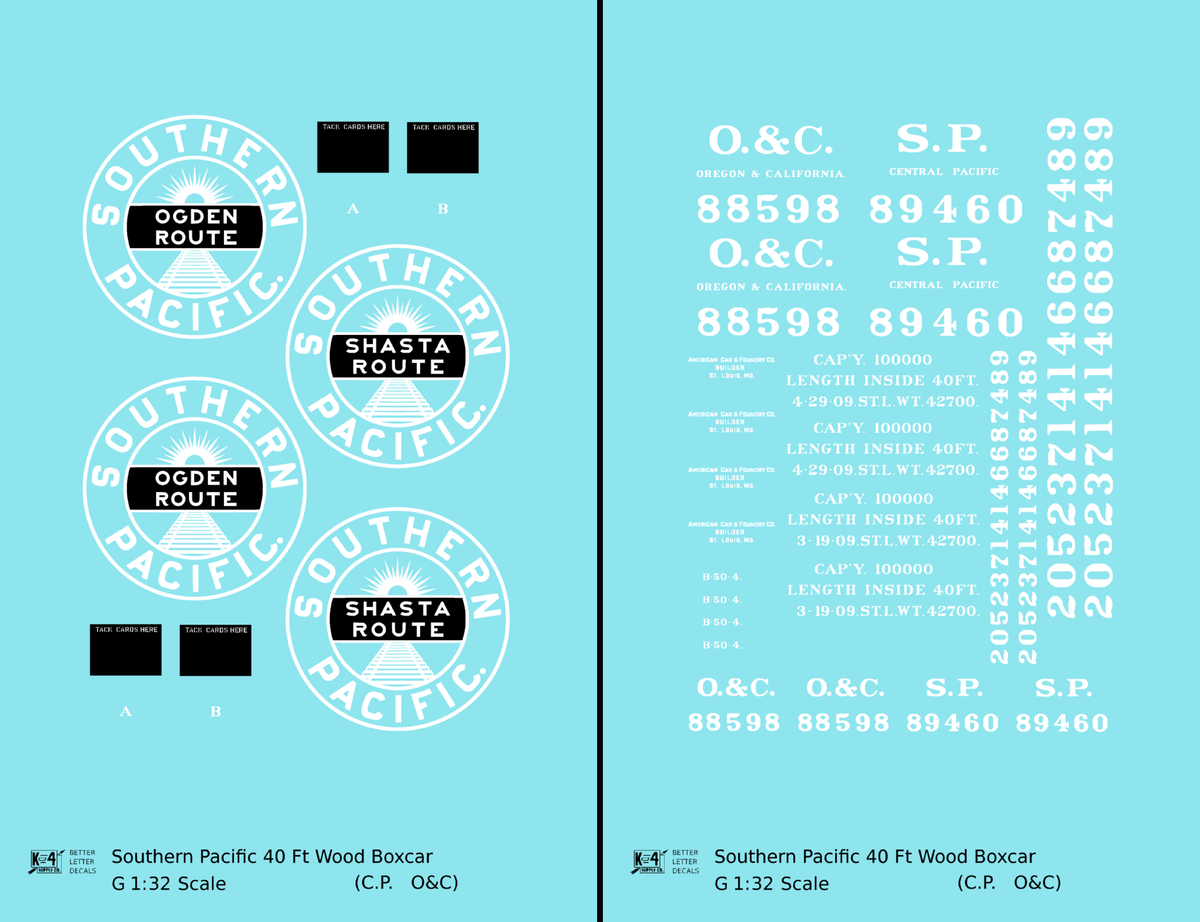 Oregon and California 40 Ft Wood Boxcar White Southern Pacific Shasta Route - Decal - Choose Scale