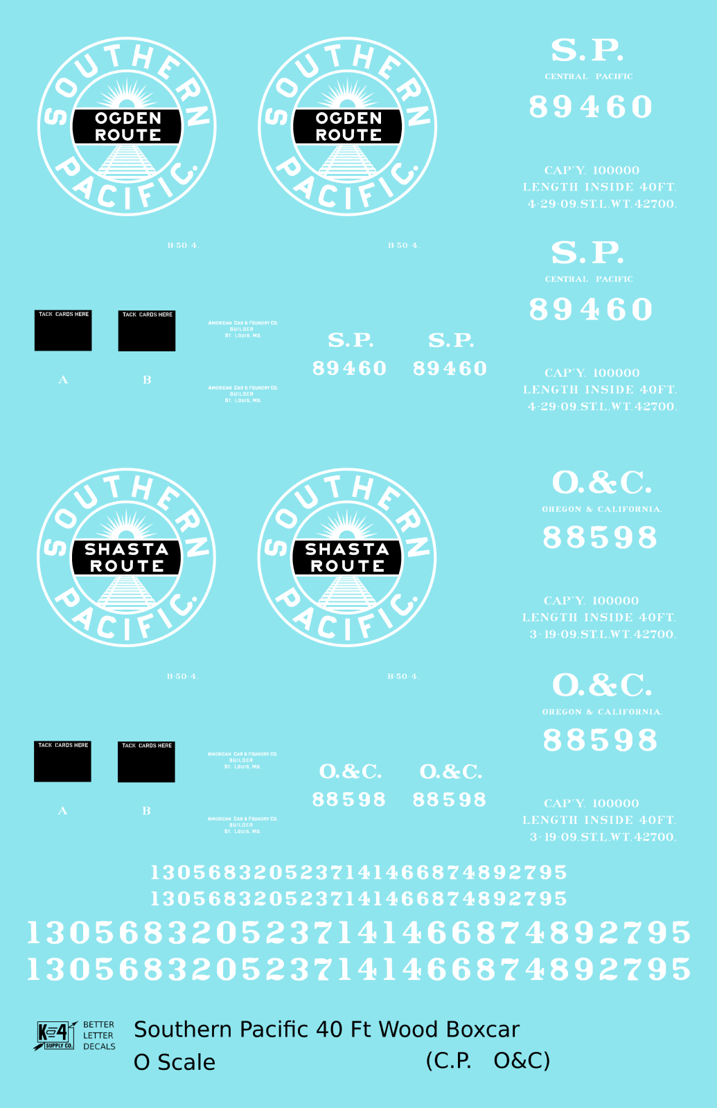Oregon and California 40 Ft Wood Boxcar White Southern Pacific Shasta Route - Decal - Choose Scale