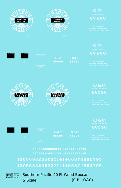 Oregon and California 40 Ft Wood Boxcar White Southern Pacific Shasta Route - Decal - Choose Scale