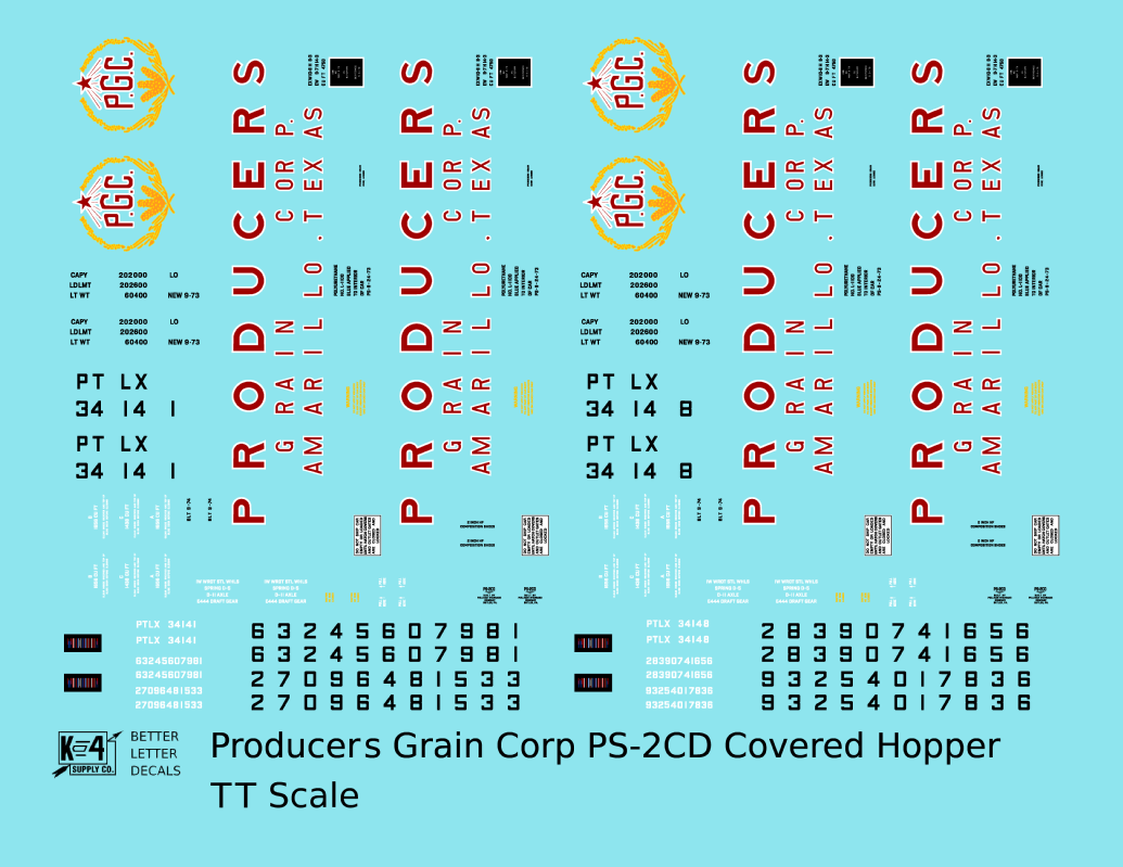 Producers Grain Corp Amarillo Texas PS2-CD Covered Hopper Red, Yellow and White