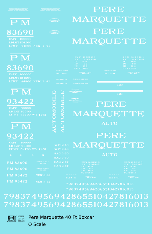 Pere Marquette 40 Ft Steel Boxcar White  - Decal Sheet