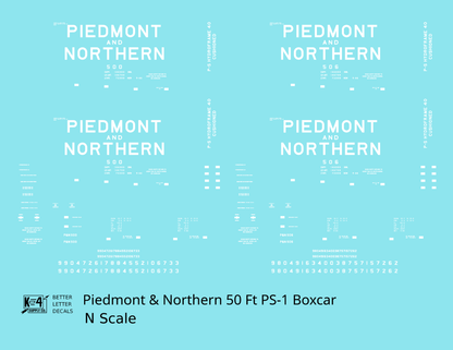 Piedmont & Northern 50 Ft PS1 Boxcar White  - Decal - Choose Scale