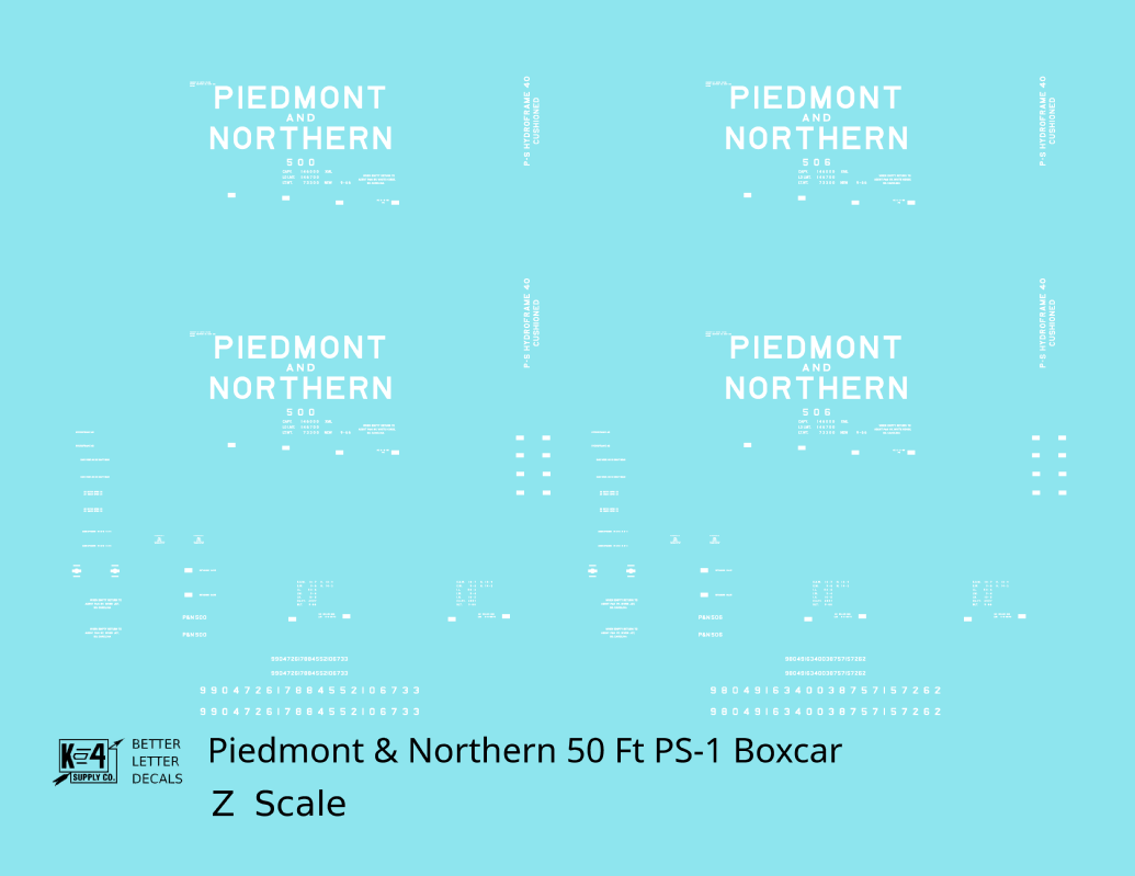 Piedmont & Northern 50 Ft PS1 Boxcar White  - Decal - Choose Scale