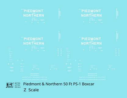 Piedmont & Northern 50 Ft PS1 Boxcar White  - Decal - Choose Scale