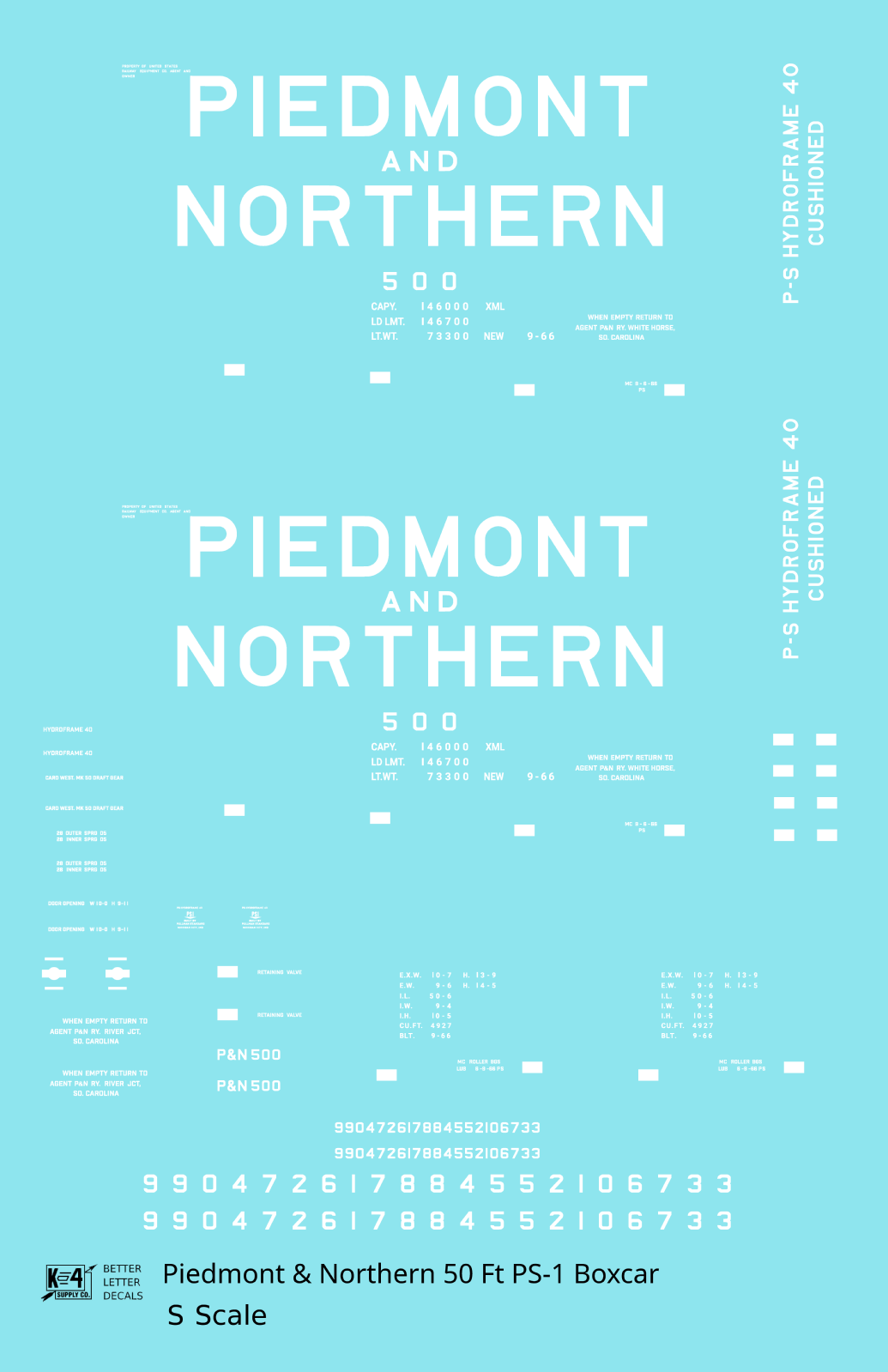 Piedmont & Northern 50 Ft PS1 Boxcar White  - Decal - Choose Scale