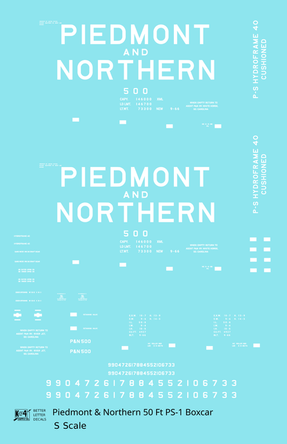 Piedmont & Northern 50 Ft PS1 Boxcar White  - Decal - Choose Scale
