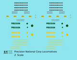 Precision National Corp Diesel Locomotive Yellow and Green  - Decal - Choose Scale