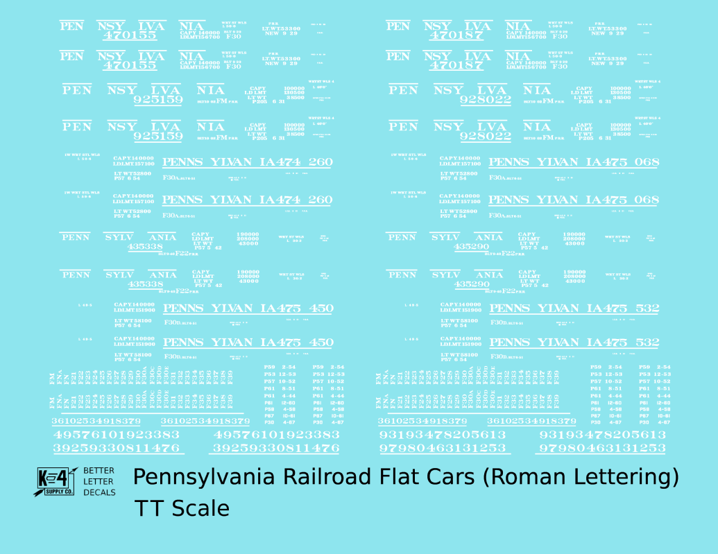 Pennsylvania Railroad F22, FM, F30 Flatcar White Roman Lettering