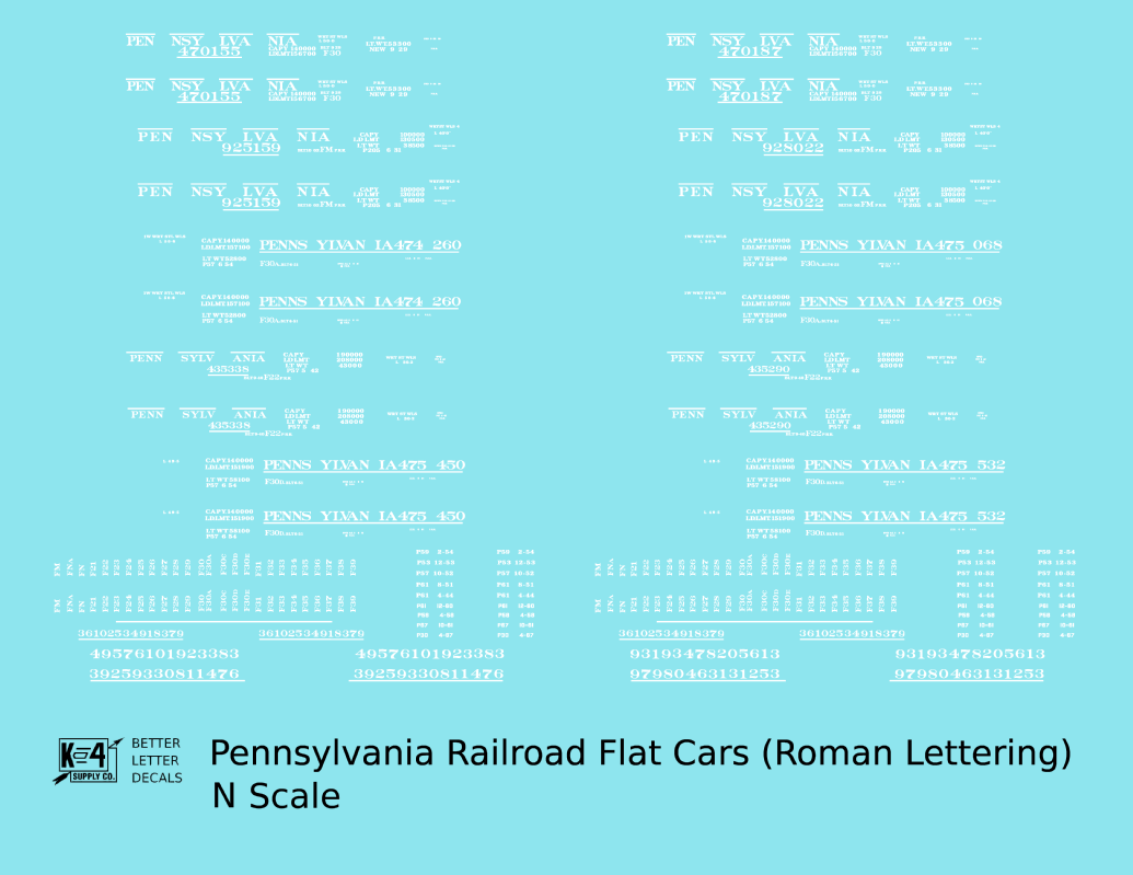 Pennsylvania Railroad F22, FM, F30 Flatcar White Roman Lettering