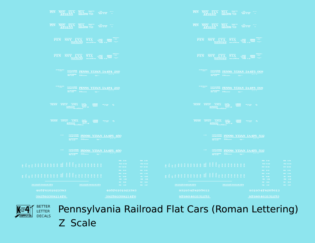 Pennsylvania Railroad F22, FM, F30 Flatcar White Roman Lettering