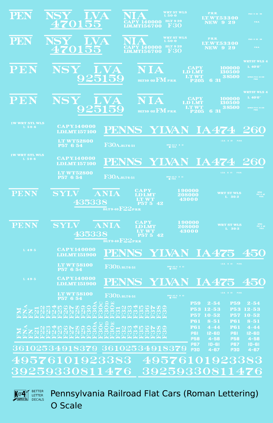 Pennsylvania Railroad F22, FM, F30 Flatcar White Roman Lettering