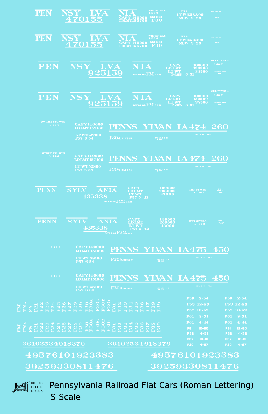 Pennsylvania Railroad F22, FM, F30 Flatcar White Roman Lettering