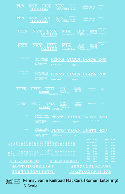 Pennsylvania Railroad F22, FM, F30 Flatcar White Roman Lettering