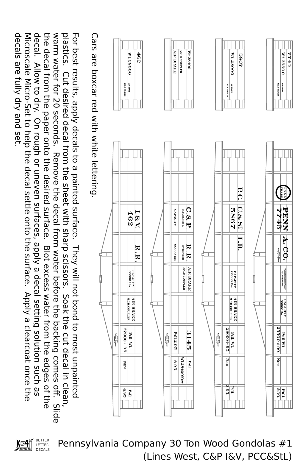 Pennsylvania PRR Lines West 30 Ton Wood Gondolas White Lake Trade PCC&StL C&P I&V - Decal