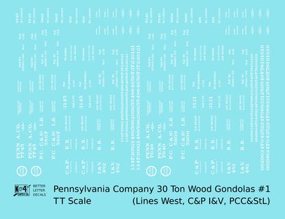 Pennsylvania PRR Lines West 30 Ton Wood Gondolas White Lake Trade PCC&StL C&P I&V - Decal - Choose Scale