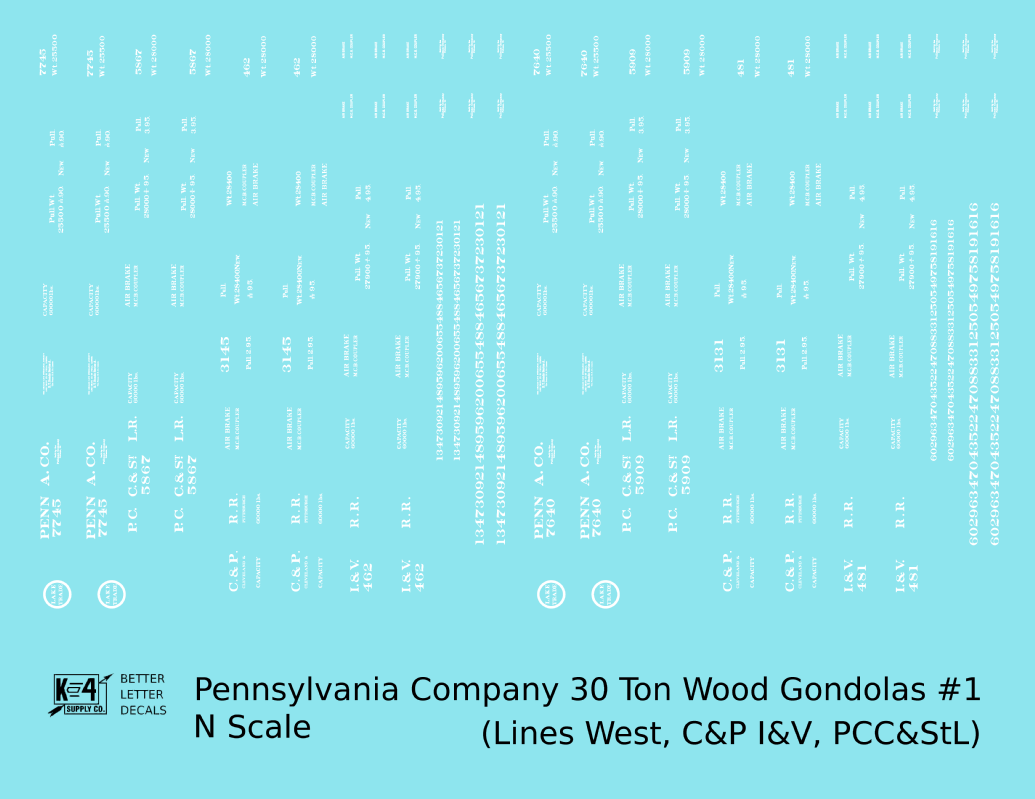 Pennsylvania PRR Lines West 30 Ton Wood Gondolas White Lake Trade PCC&StL C&P I&V - Decal - Choose Scale