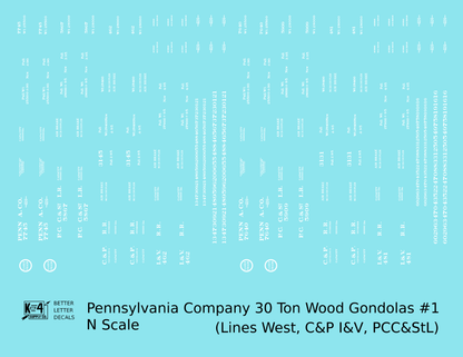 Pennsylvania PRR Lines West 30 Ton Wood Gondolas White Lake Trade PCC&StL C&P I&V - Decal - Choose Scale