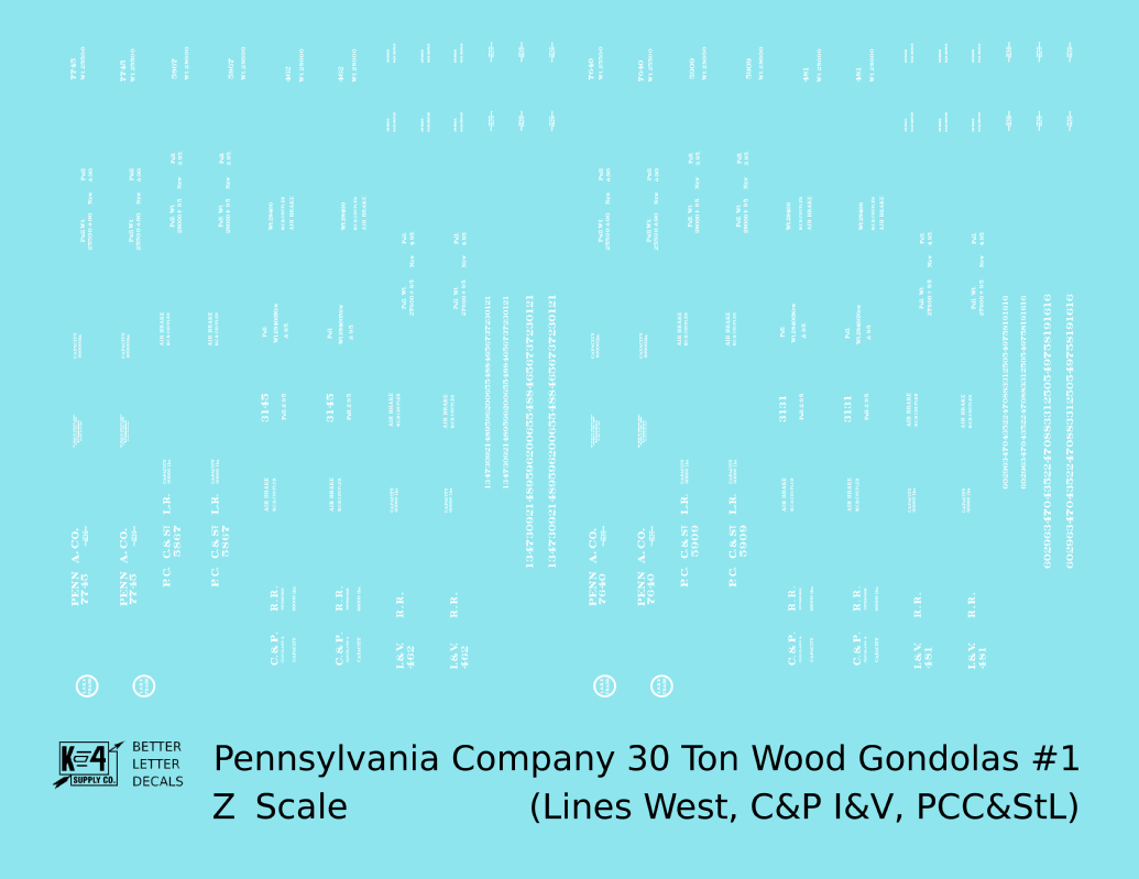 Pennsylvania PRR Lines West 30 Ton Wood Gondolas White Lake Trade PCC&StL C&P I&V - Decal - Choose Scale