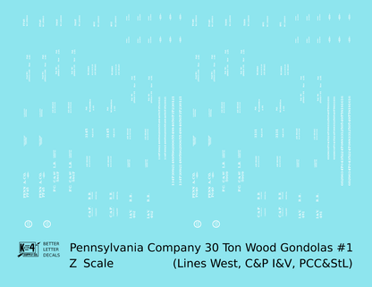 Pennsylvania PRR Lines West 30 Ton Wood Gondolas White Lake Trade PCC&StL C&P I&V - Decal - Choose Scale