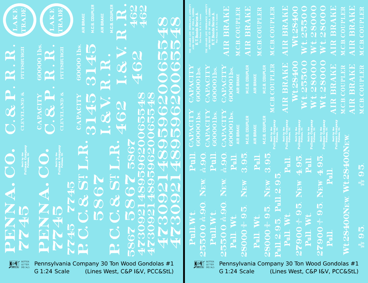 Pennsylvania PRR Lines West 30 Ton Wood Gondolas White Lake Trade PCC&StL C&P I&V - Decal - Choose Scale