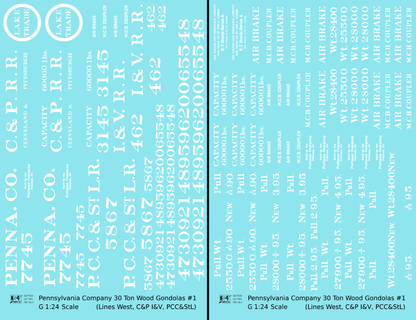 Pennsylvania PRR Lines West 30 Ton Wood Gondolas White Lake Trade PCC&StL C&P I&V - Decal - Choose Scale