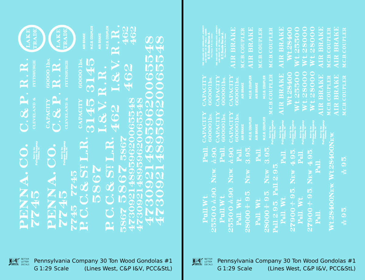 Pennsylvania PRR Lines West 30 Ton Wood Gondolas White Lake Trade PCC&StL C&P I&V - Decal - Choose Scale