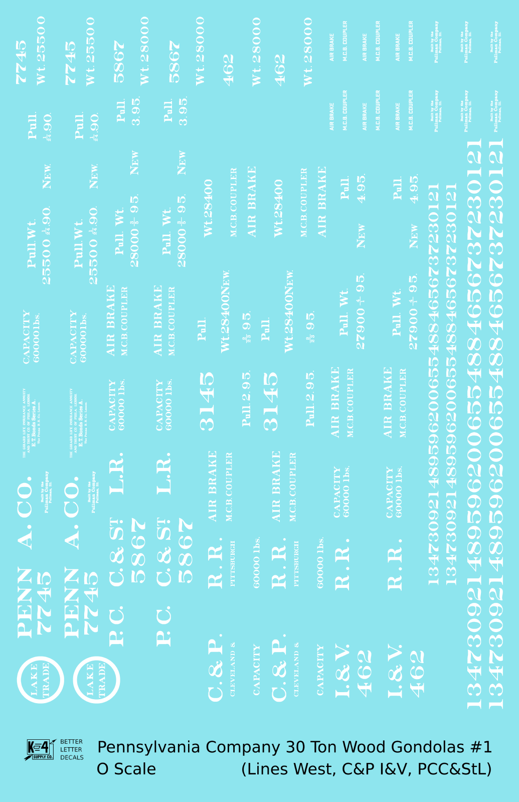 Pennsylvania PRR Lines West 30 Ton Wood Gondolas White Lake Trade PCC&StL C&P I&V - Decal Sheet