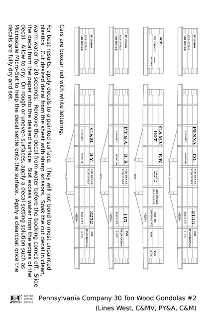 Pennsylvania PRR Lines West 30 Ton Wood Gondolas White PY&A C&M C&MV - Decal